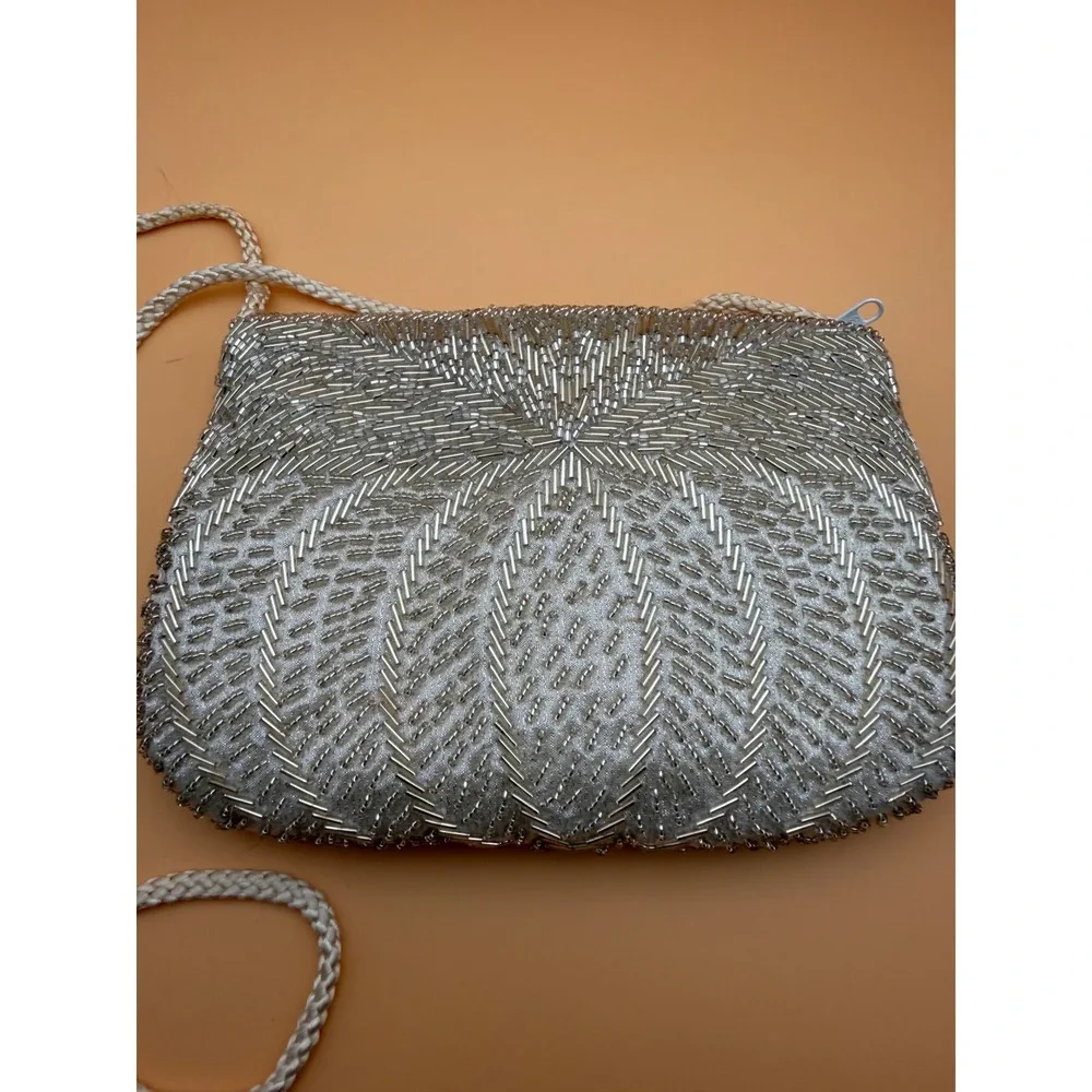 Vintage 1984 Gallery Originals Silver Beaded Evening Bag Crossbody  Clutch